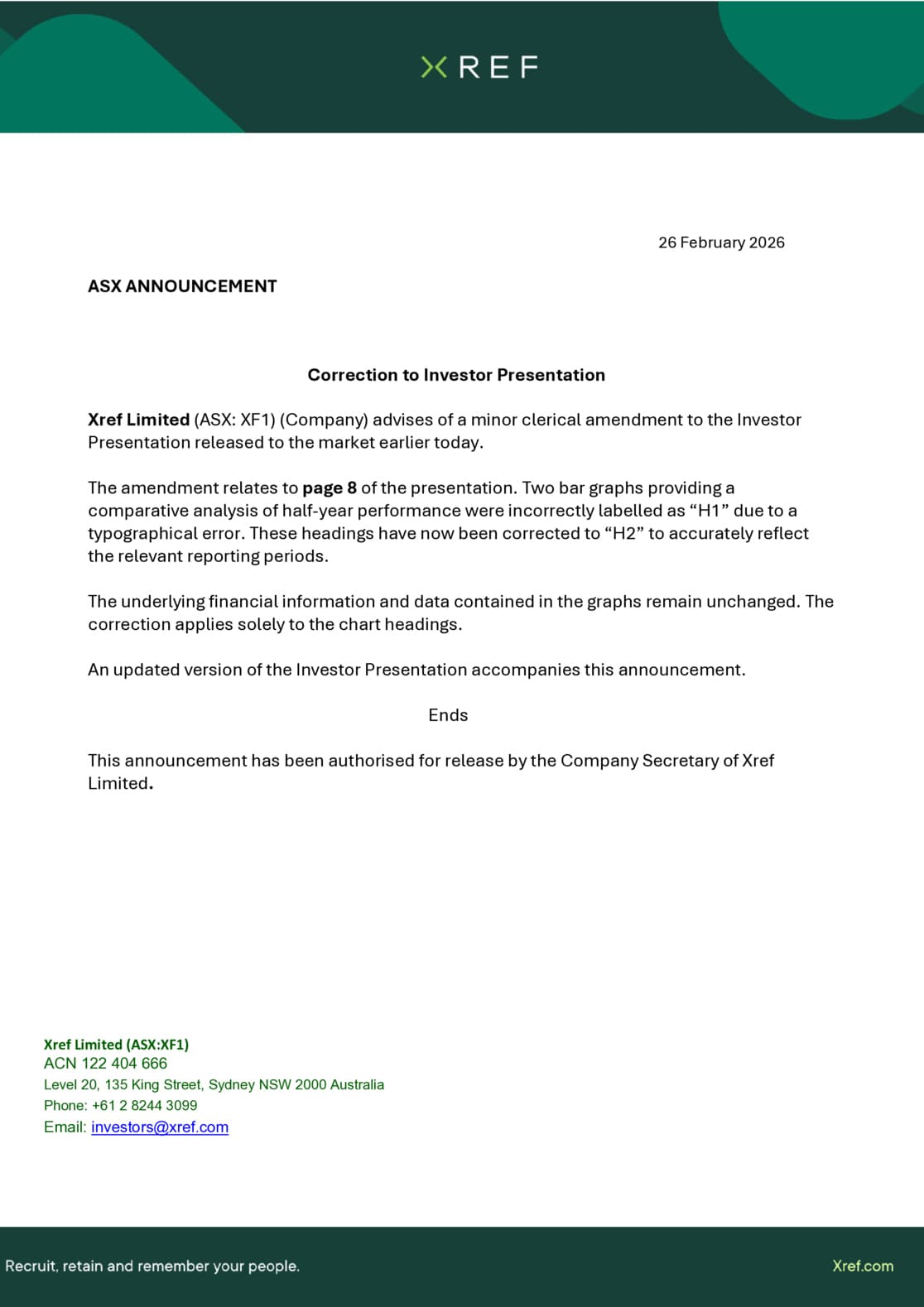Correction to Investor Presentation