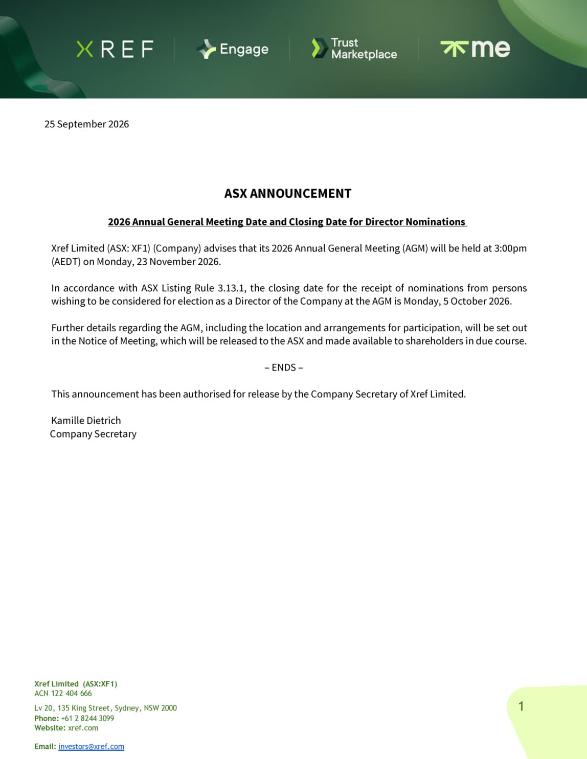 2026 AGM Date and Closing Date for Directors Nominations